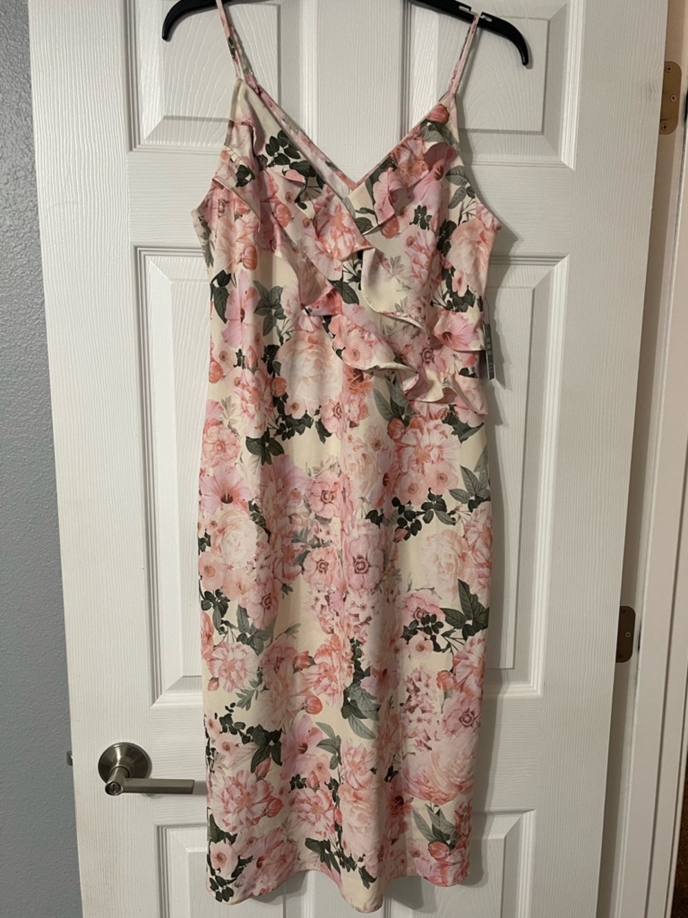 Express Pink and Cream Floral Ruffle Midi Dress